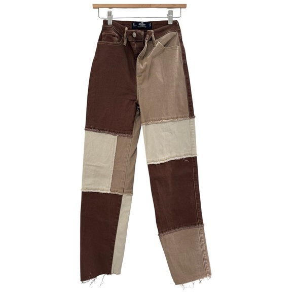 Hollister Ultra High-Rise Dad Jeans Straight Leg Brown Patchwork Y2K - Picture 3 of 9